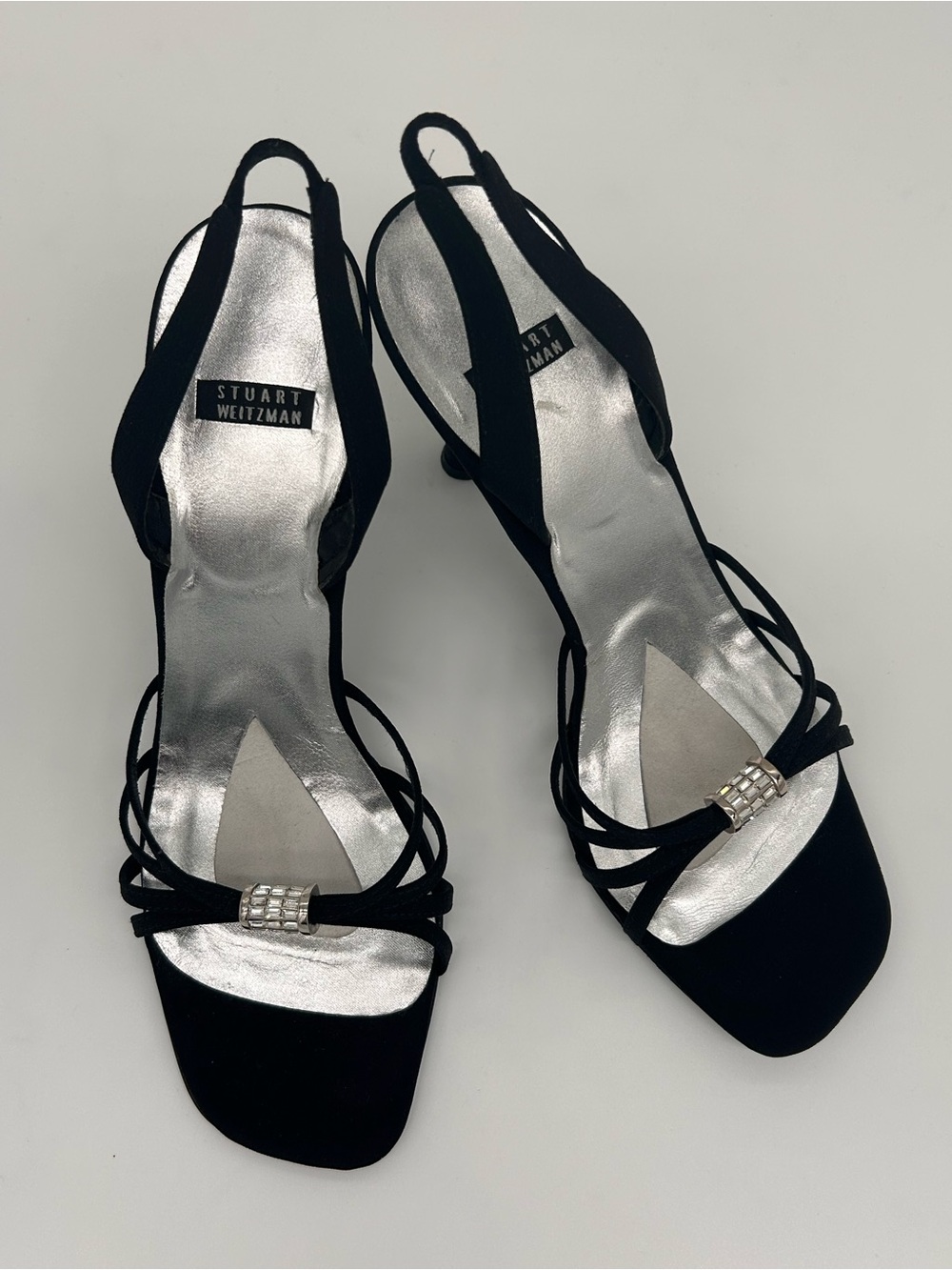 Stuart Weitzman Black Strappy Slingback Heels with Rhinestone Accent